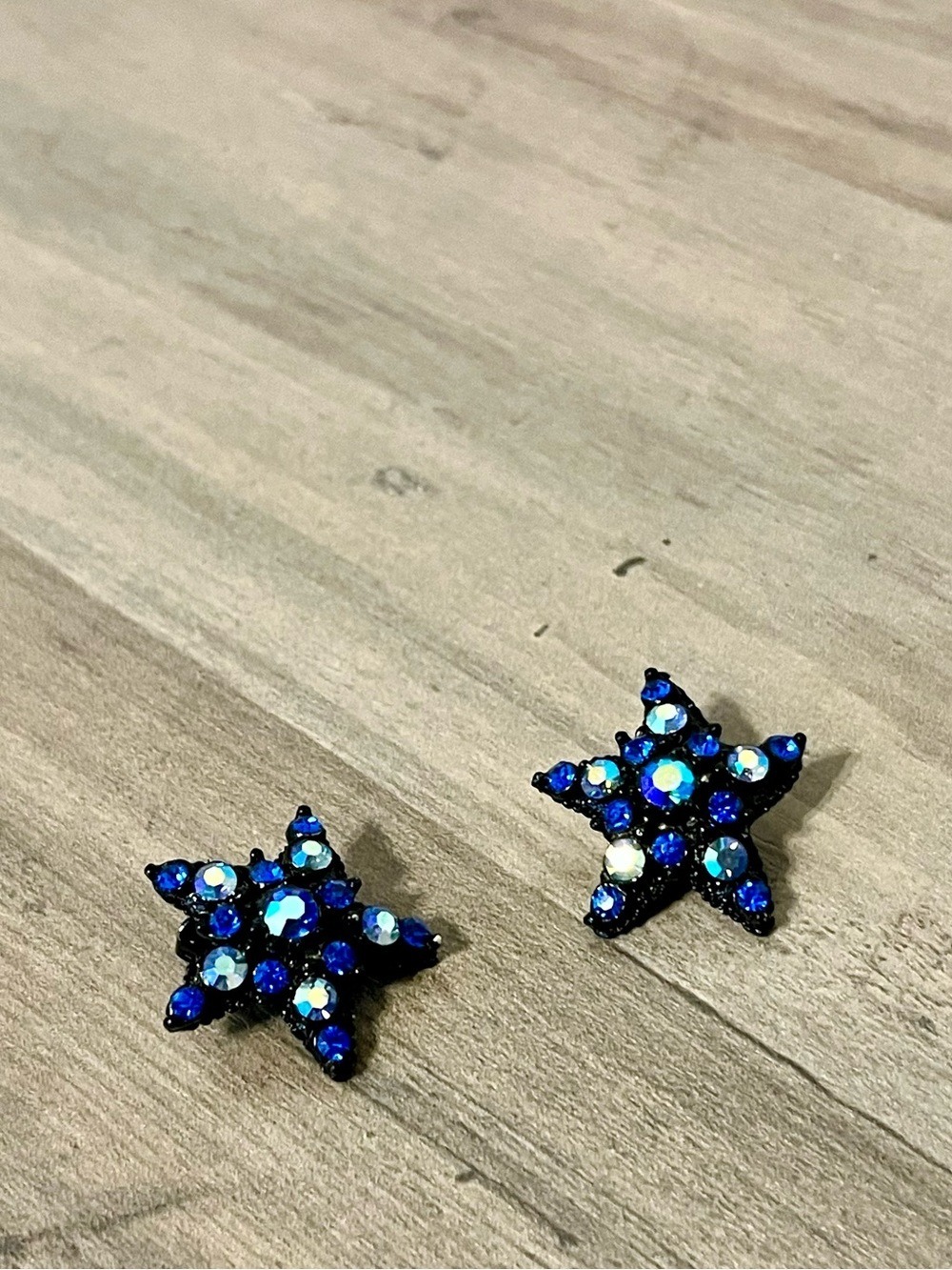 Vintage 1980s 1990s Thelma Deutsch Blue Rhinestone Star Clip On Earrings Signed